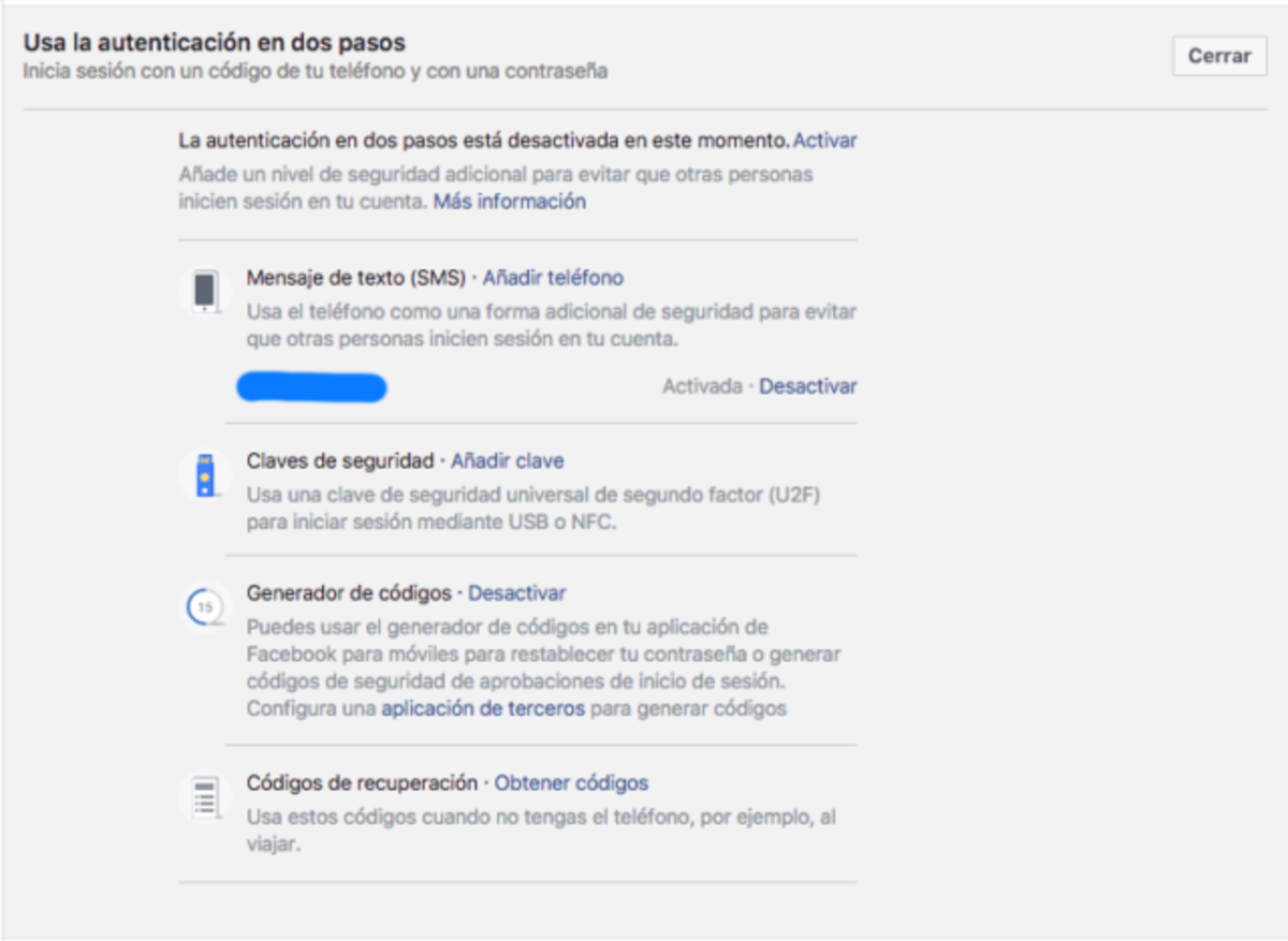 Facebook autenticación en dos pasos