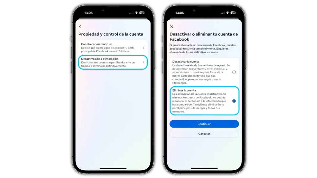 Cómo eliminar o desactivar tu cuenta de Facebook desde el iPhone