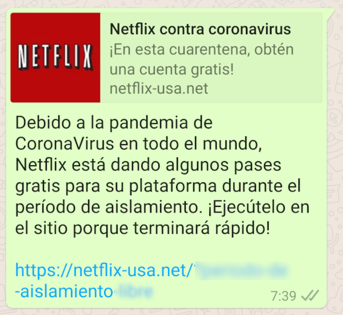 Nerflix gratis por el coronavirus: mensaje de WhatsApp