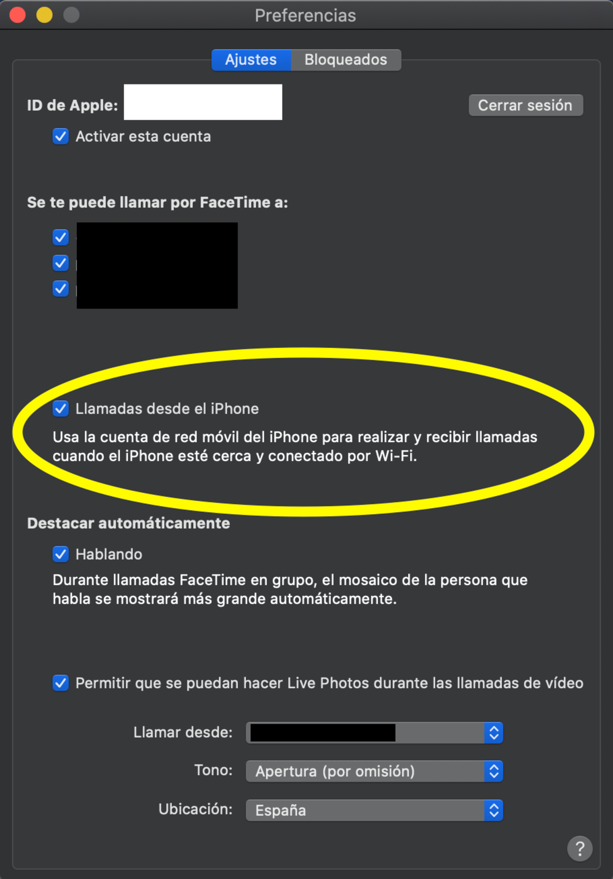 Preferencias FaceTime Llamadas Mac