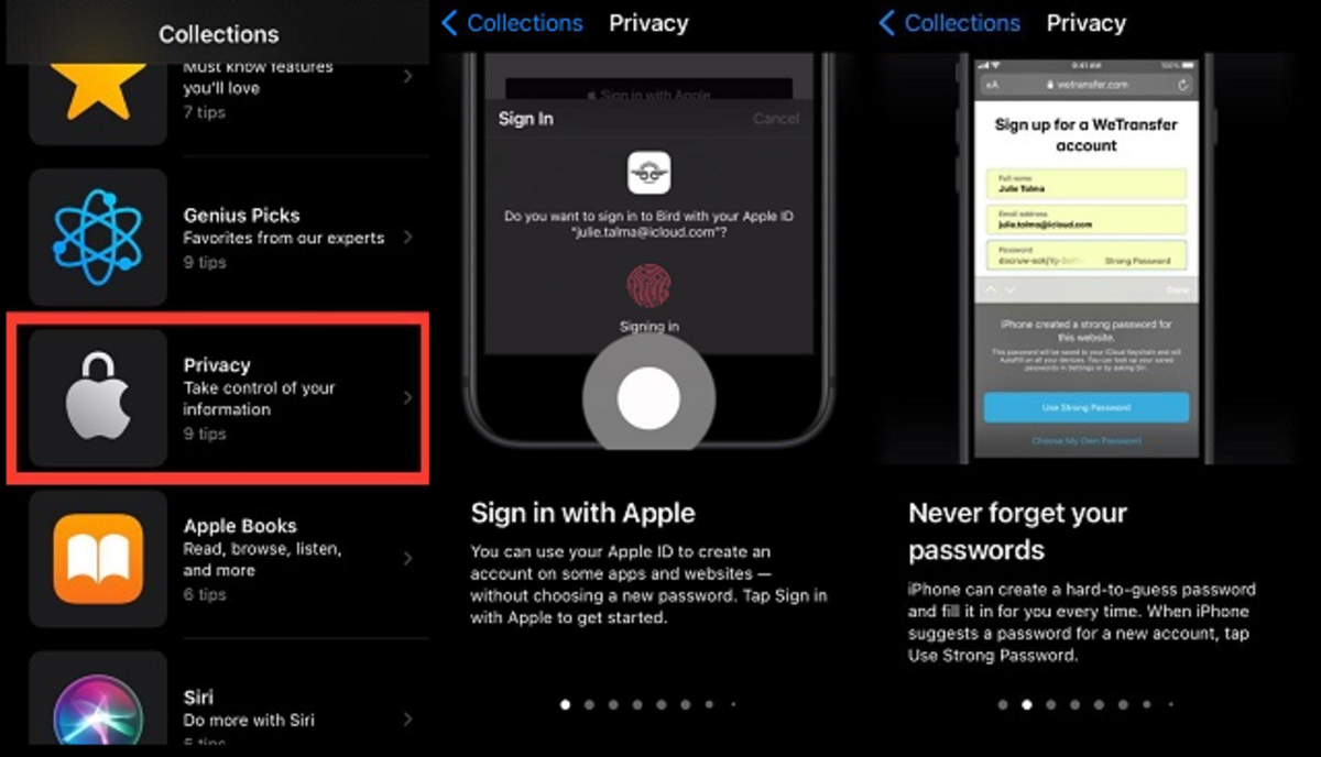 Consejos de privacidad en Tips de Apple