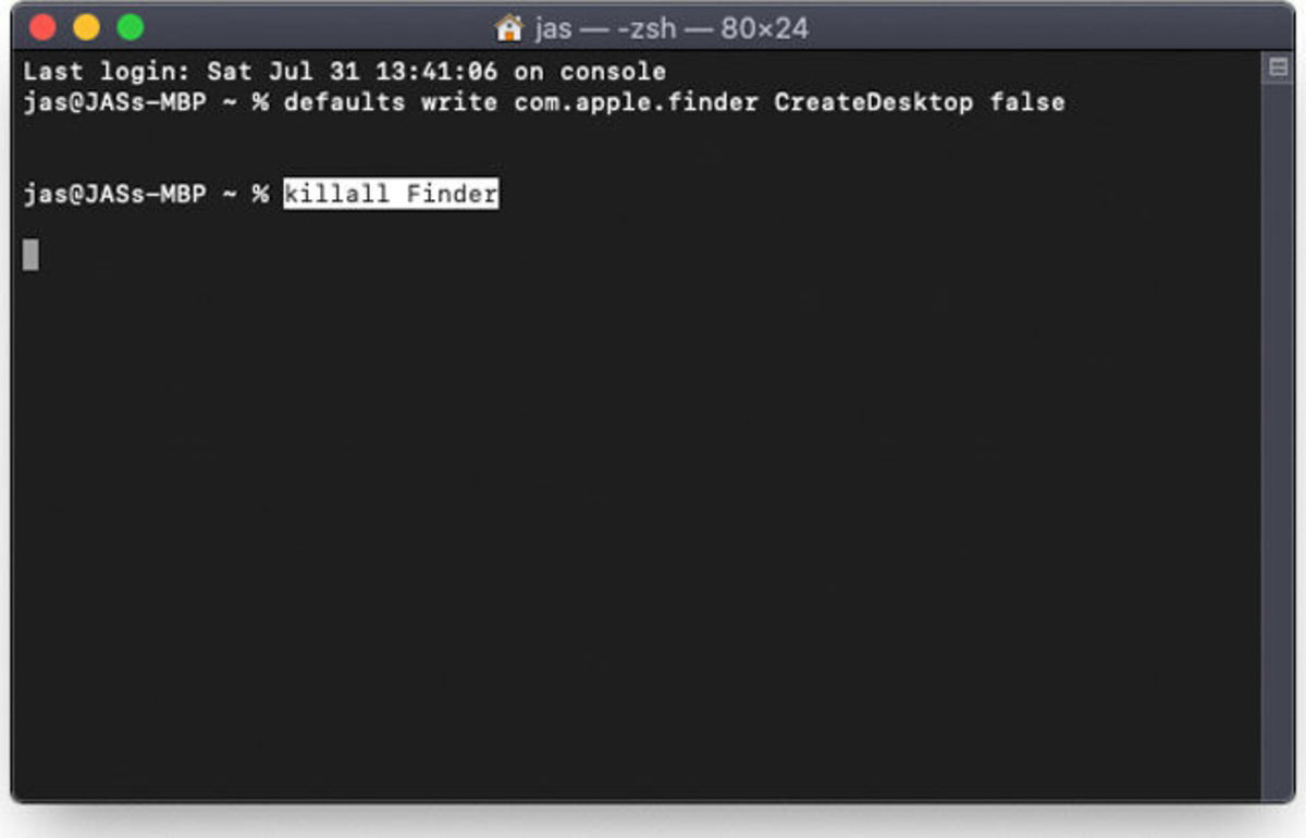 Terminal de Mac con comando para eliminar iconos