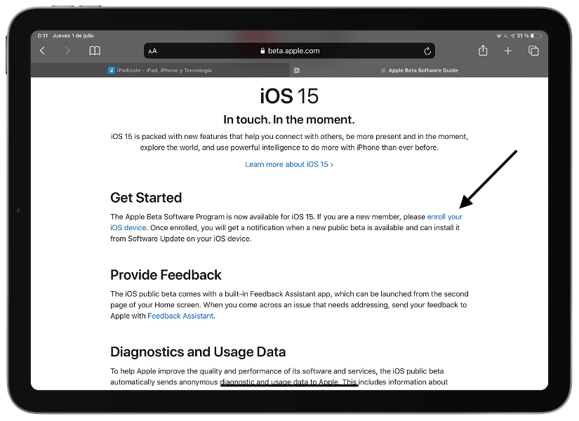 Descargar perfil para instalar la beta pública de iOS 15