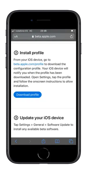 Instalar perfil de la beta pública de iOS 15