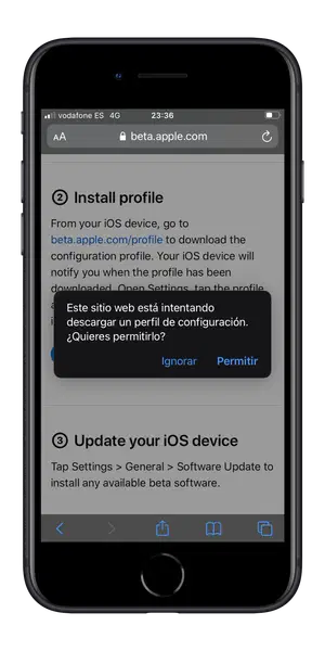 Instalar perfil de la beta pública de iOS 15