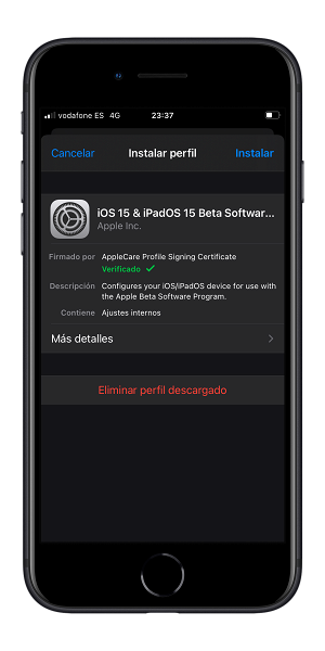 Instalar perfil de la beta pública de iOS 15