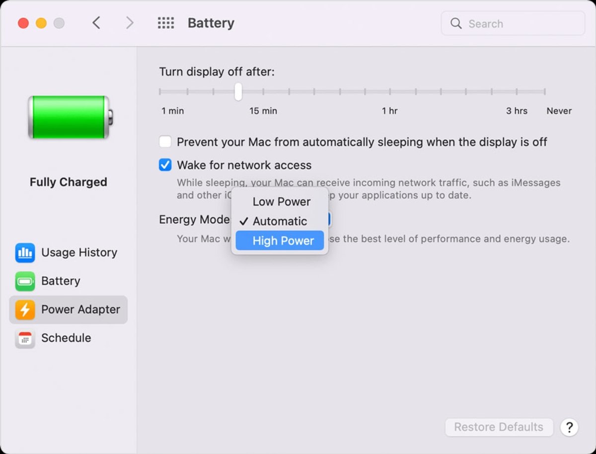 Enable high power mode on MacBook Pro