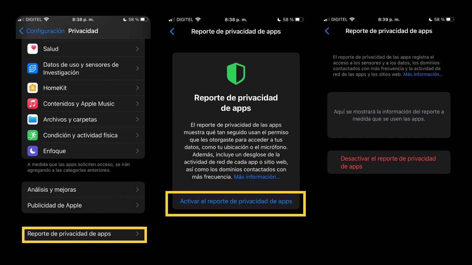 Reporte de privacidad apps iOS