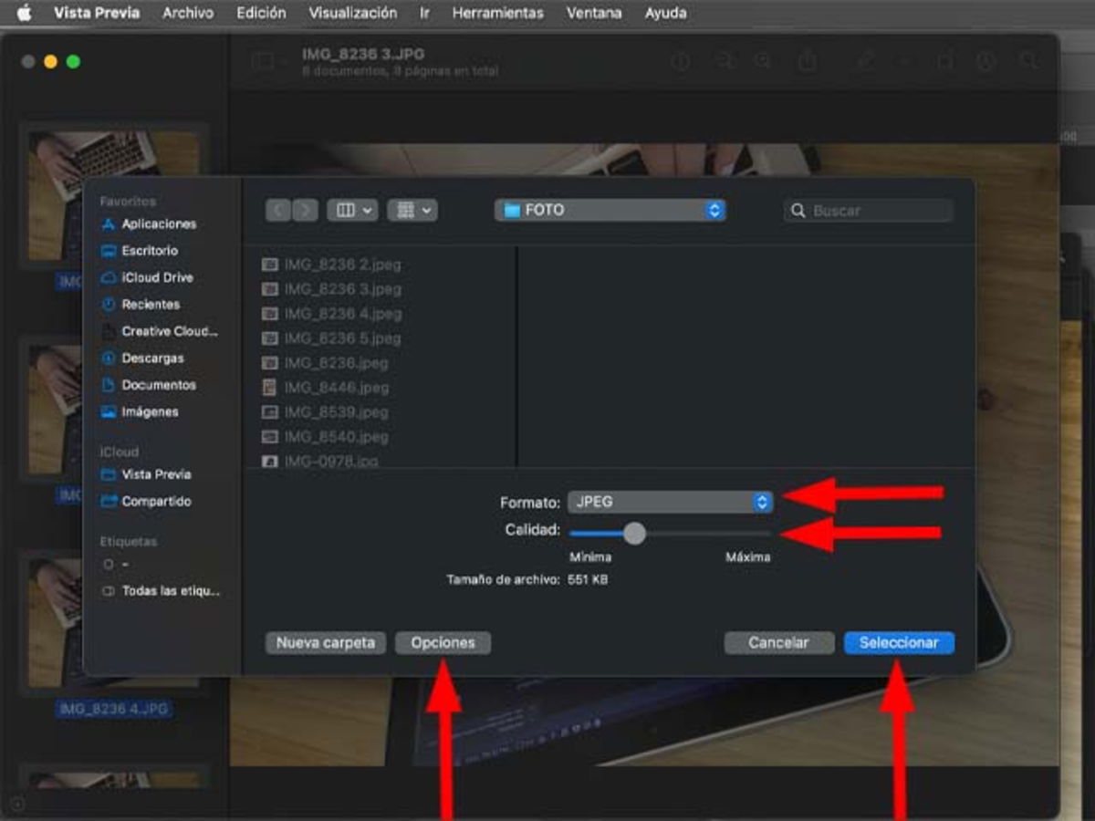 Menú para comprimir imágenes en Mac con Vista Previa