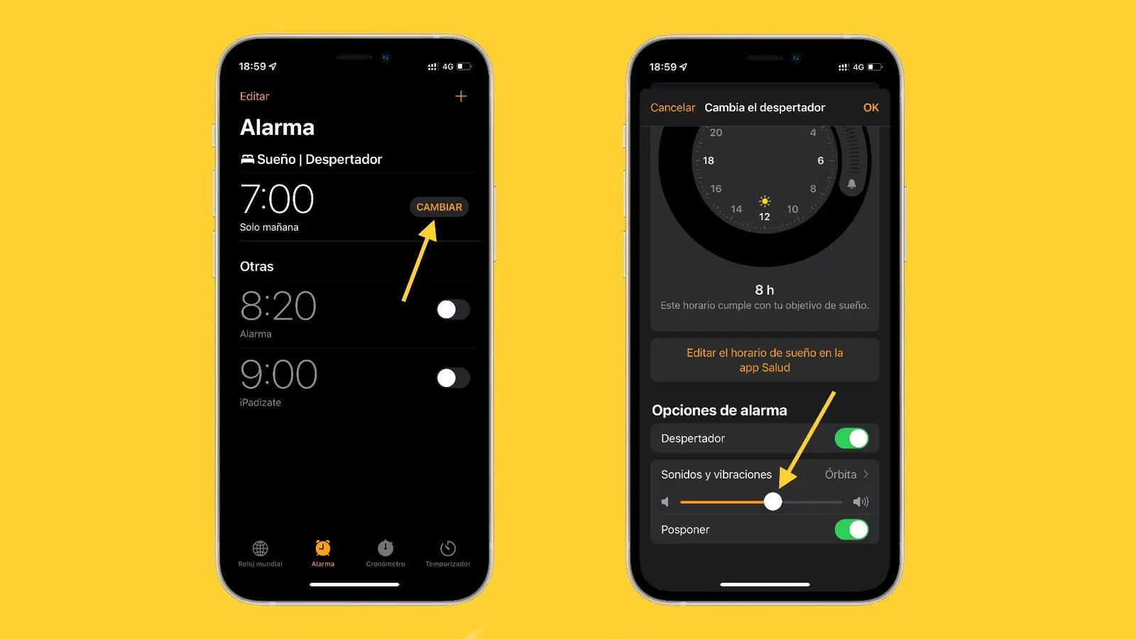 Cambiar volumen de la alarma Despertador del iPhone