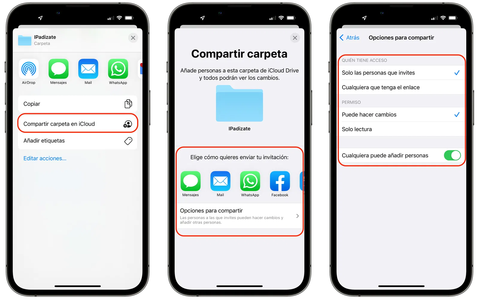 Opciones de compartir carpeta en iCloud