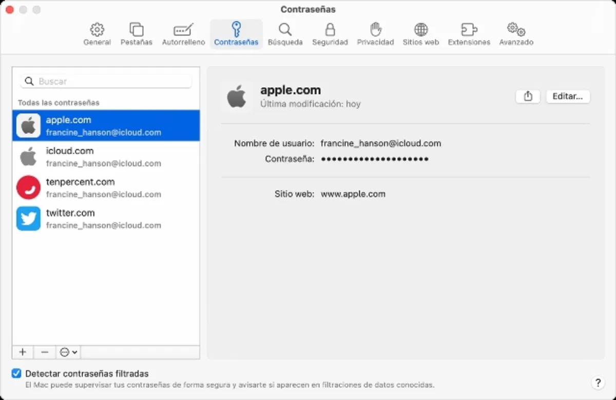 MacOS Safari preferencias contraseñas
