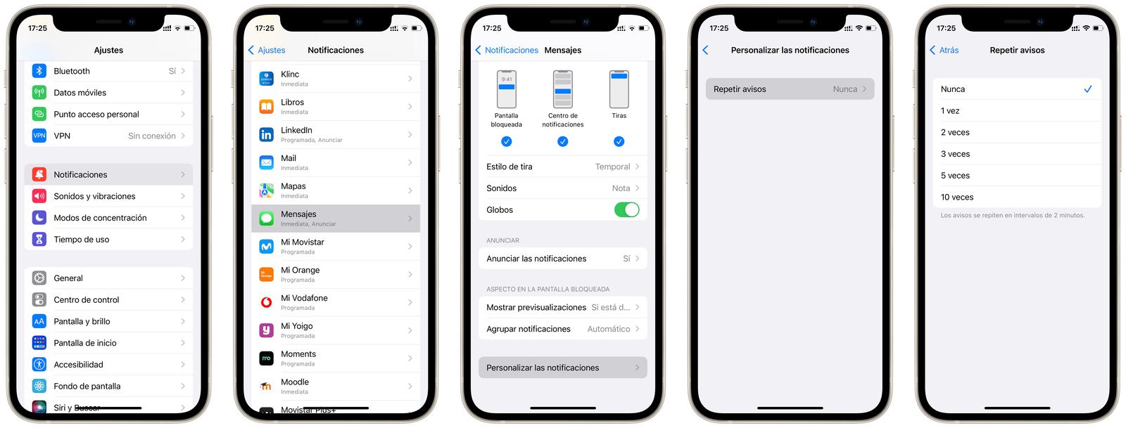 Desactivar repeticiones de alertas de mensajes en el iPhone