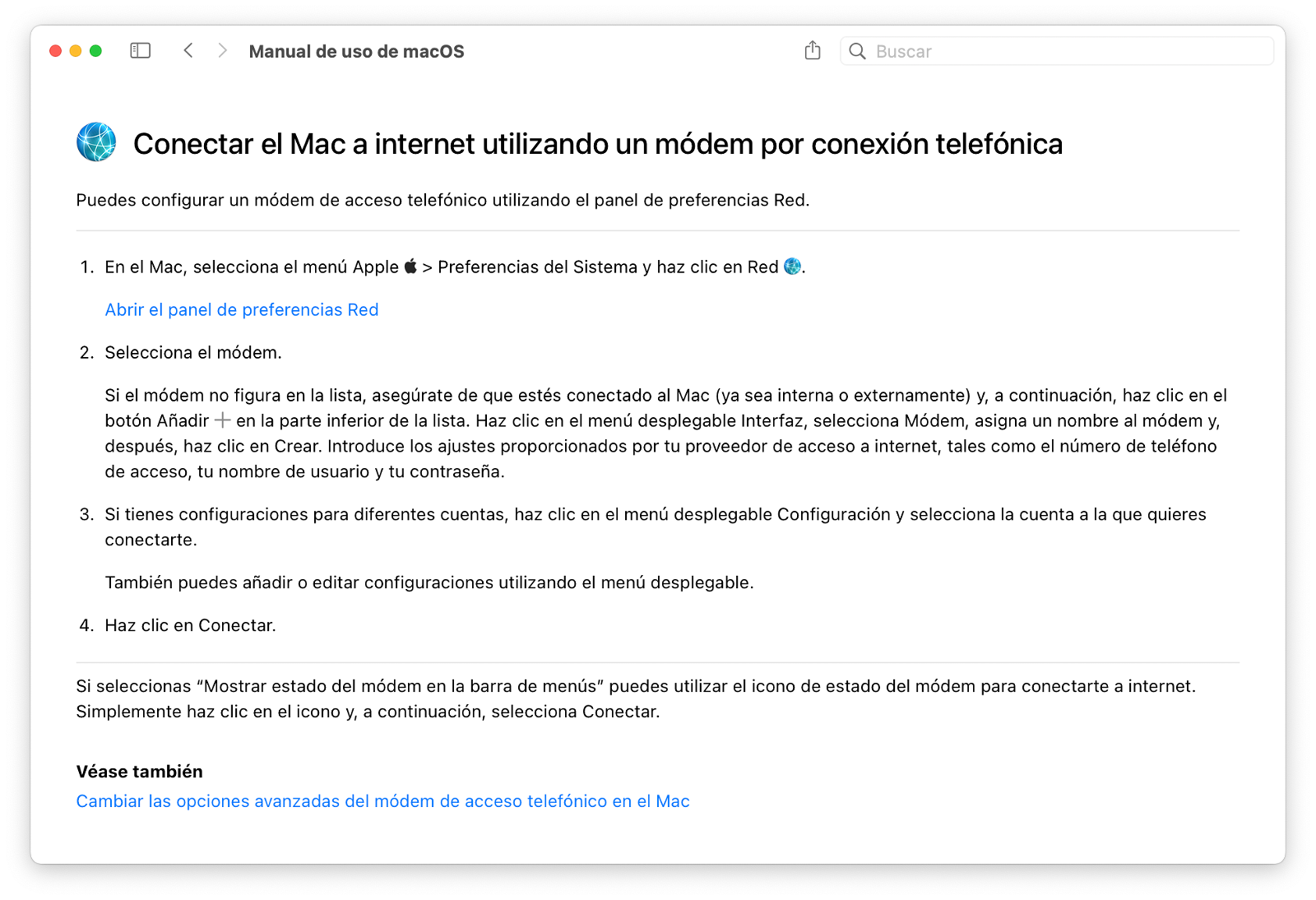 Conectar el Mac a internet utilizando un módem por conexión telefónica: manual de uso de macOS