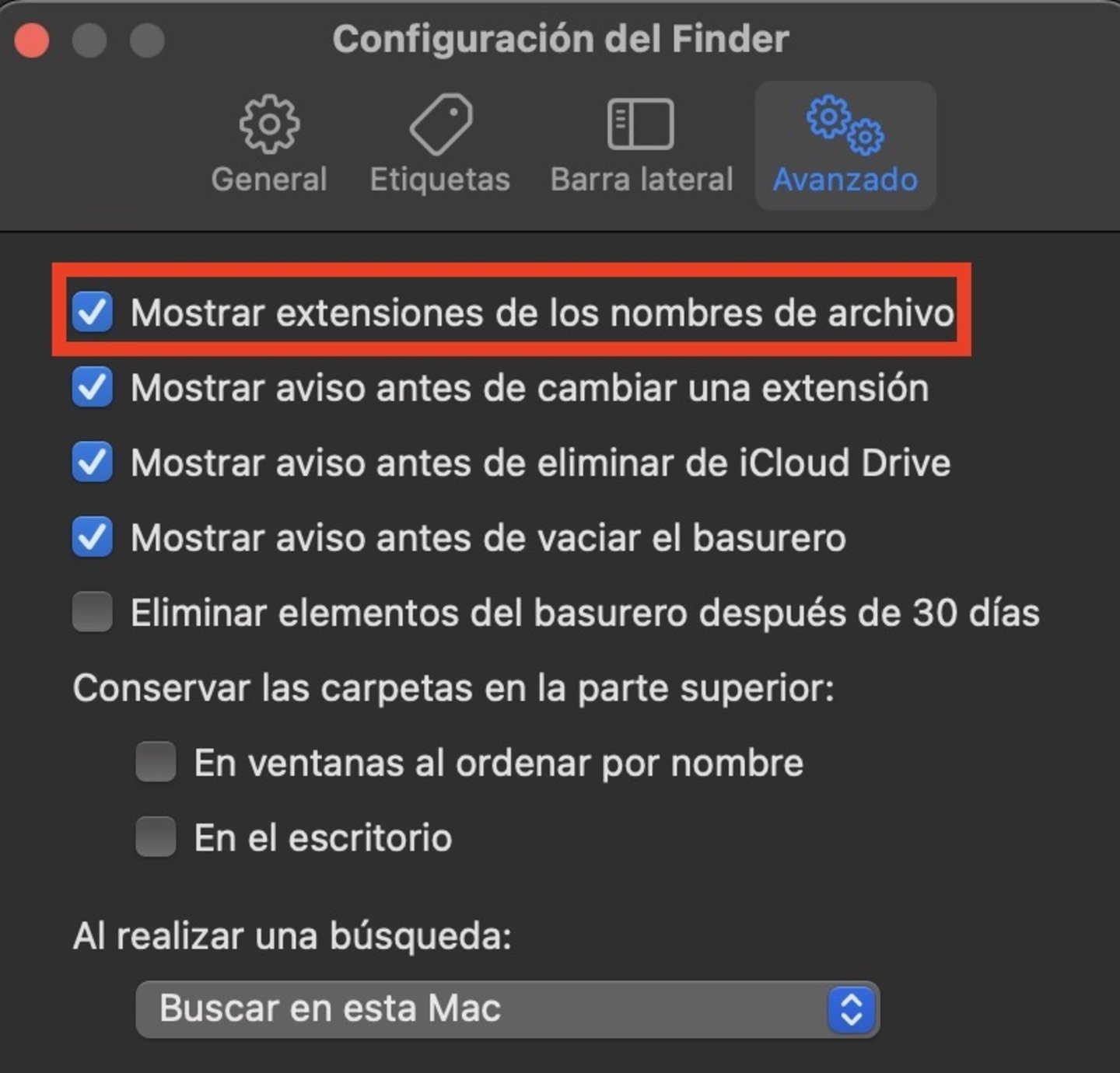 Mostrar extensiones de archivo en macOS