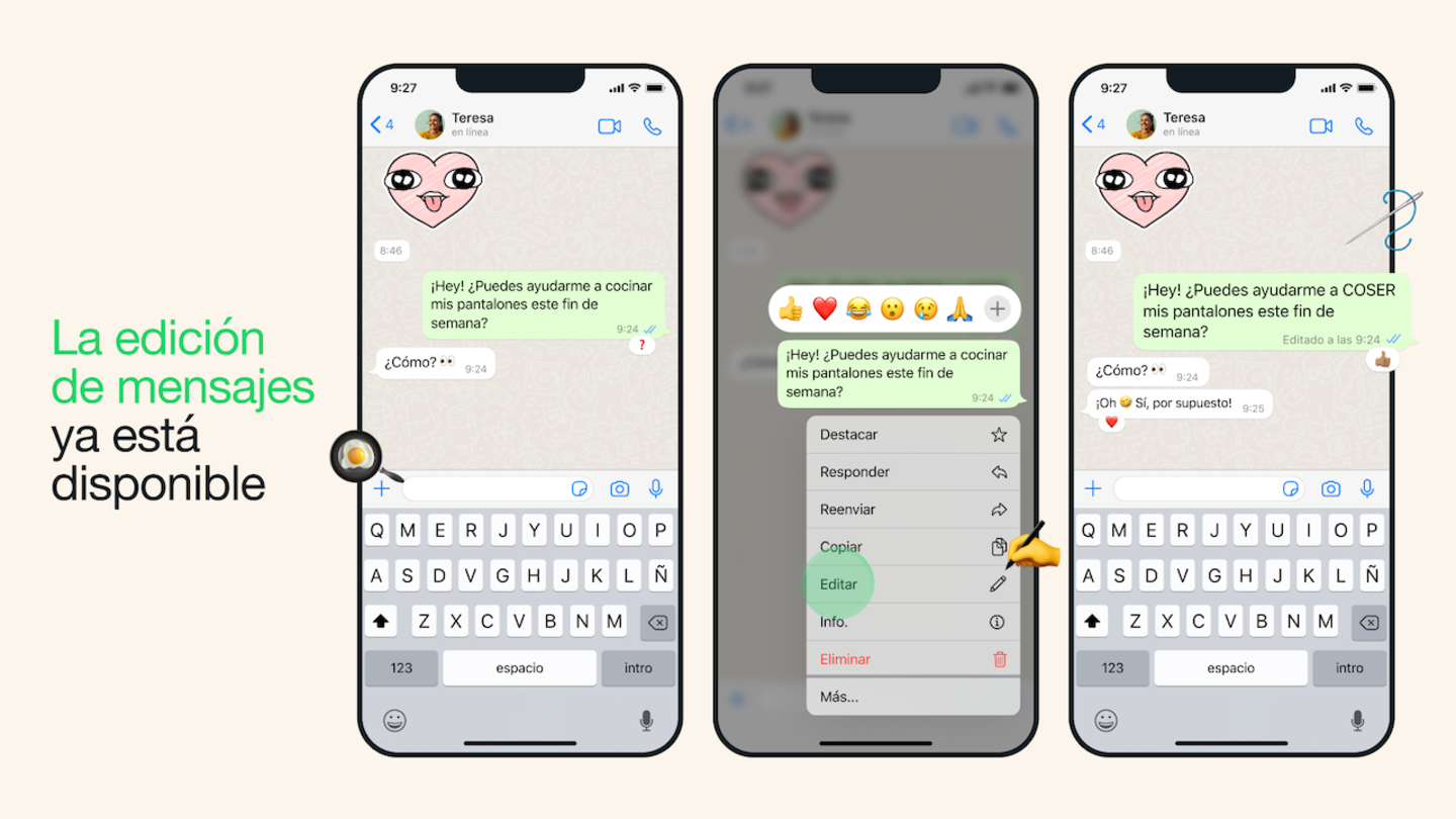 Capturas de pantalla de la edición de mensajes de WhatsApp