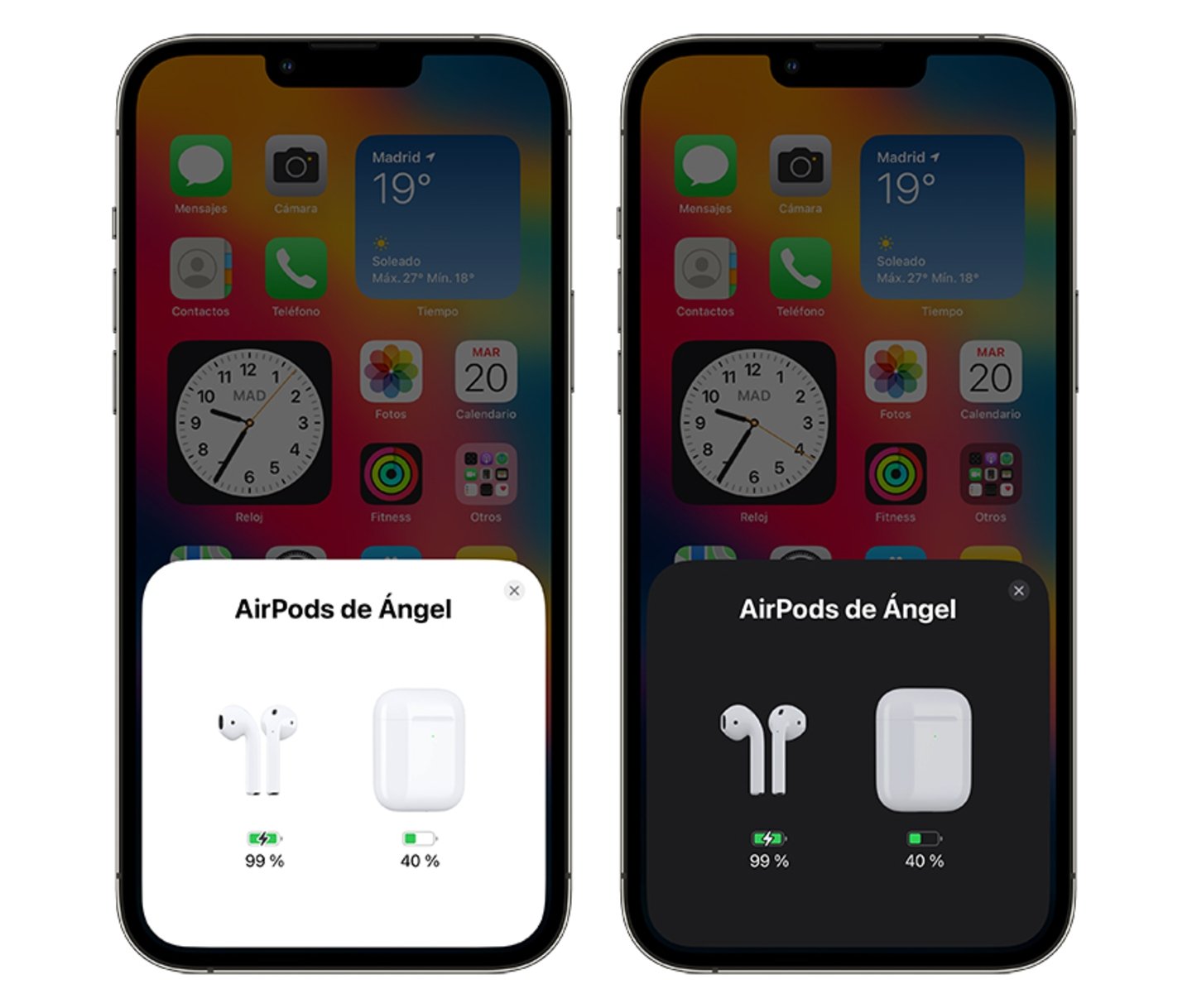 Dos iPhone con l a interfaz de conexión de los AirPods, uno en modo normal y otro en modo oscuro