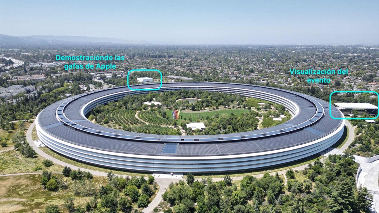 Apple Park a vista de dron con dos estructuras nuevas