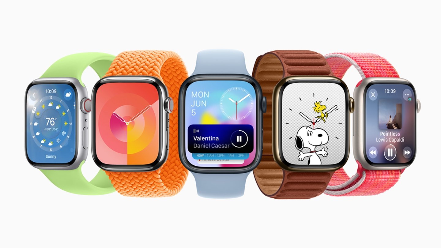 Imagen promocional de Apple sobre watchOS 10 con varios Apple Watch