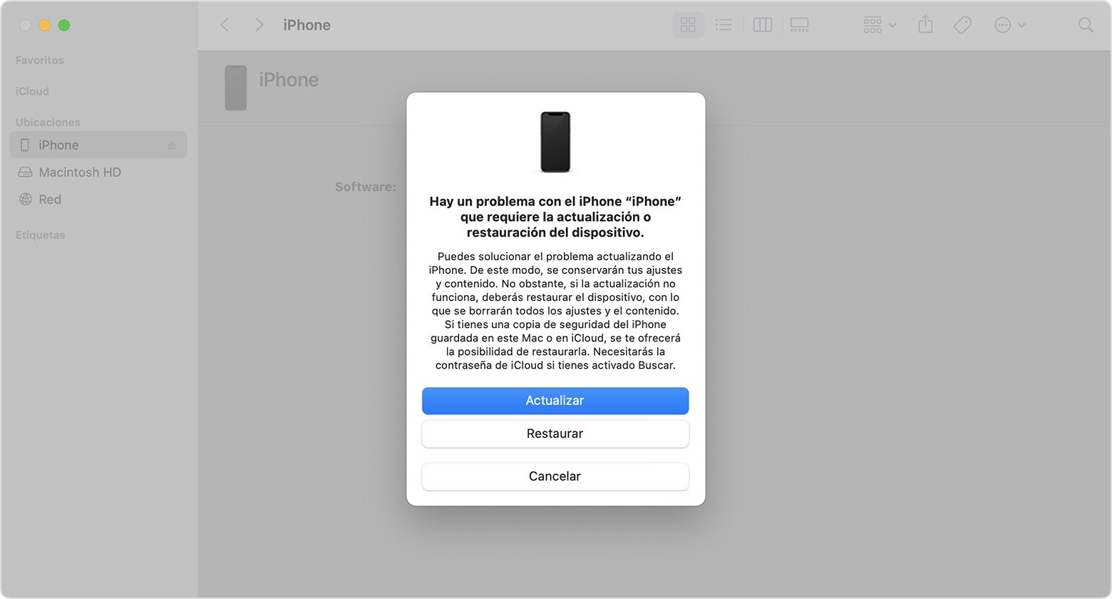 Cuadro de macOS para restaurar el iPhone 