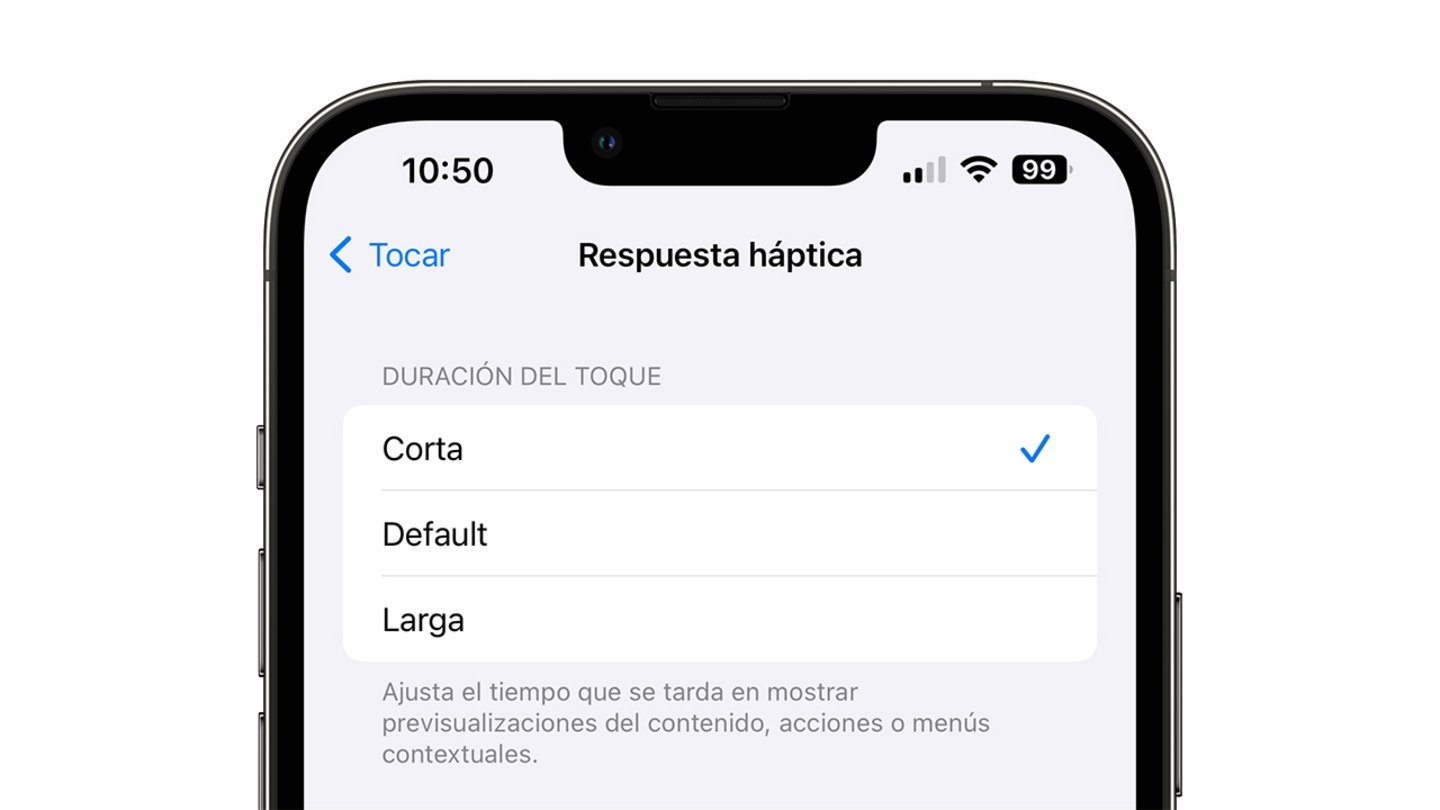 Menú de ajustes de Respuesta háptica en iOS 17
