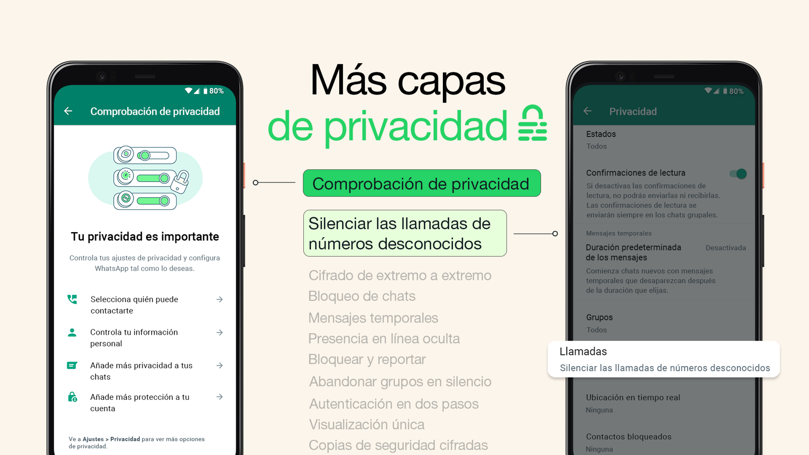Nuevas funciones de privacidad de WhatsApp en dos smartphones
