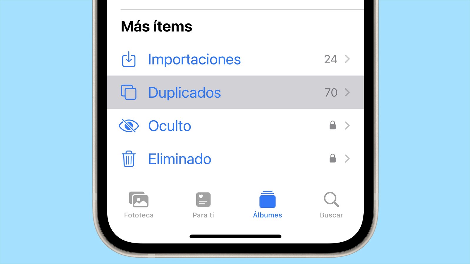 Encontrar fotografías y vídeos duplicados en iOS 16