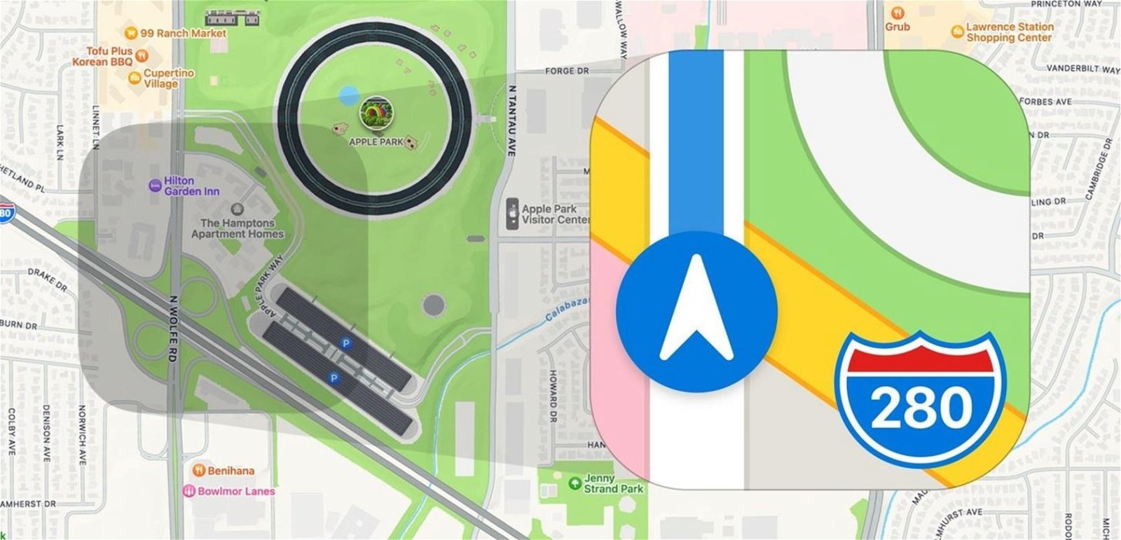 El iCono de Apple Maps con una imagen de fondo del mapa del Apple Park 