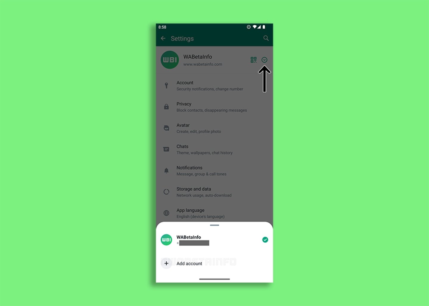 Captura de pantalla de WhatsApp beta con la función multicuentas