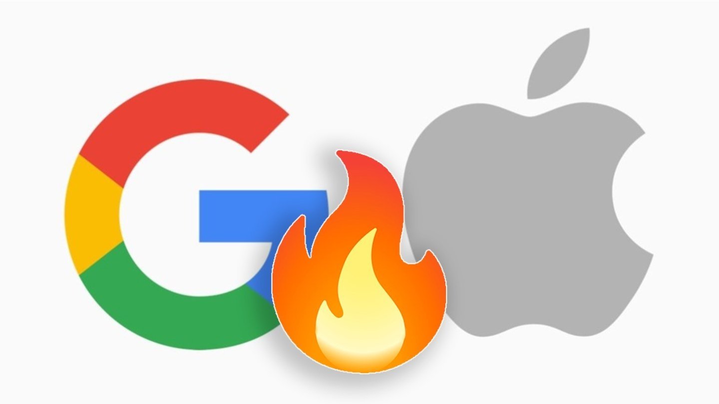Iconos de Google y Apple con un emoji de fuego en medio