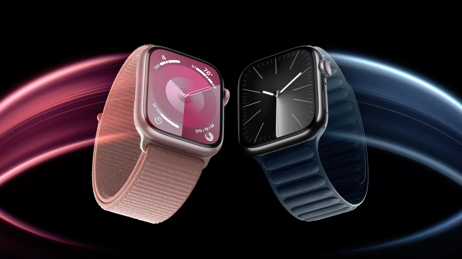 Apple Watch Series 9 em azul e rosa