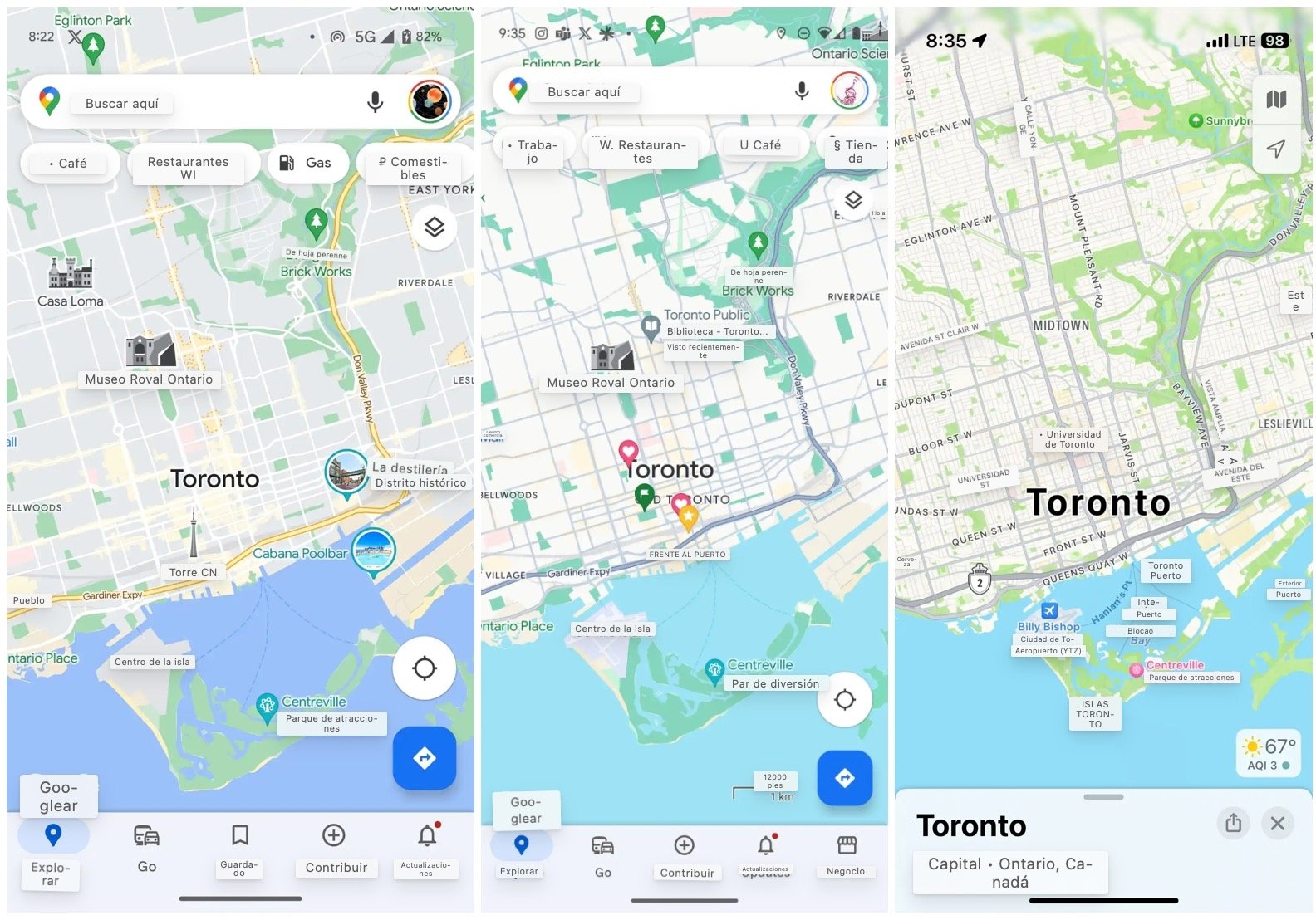Capturas de pantallas de Google Maps y Apple Maps