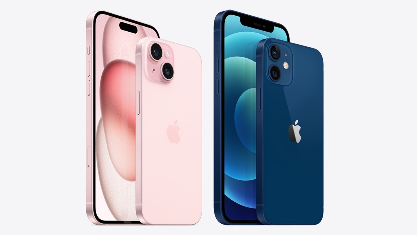 iPhone 15 rosa y iPhone 12 azul