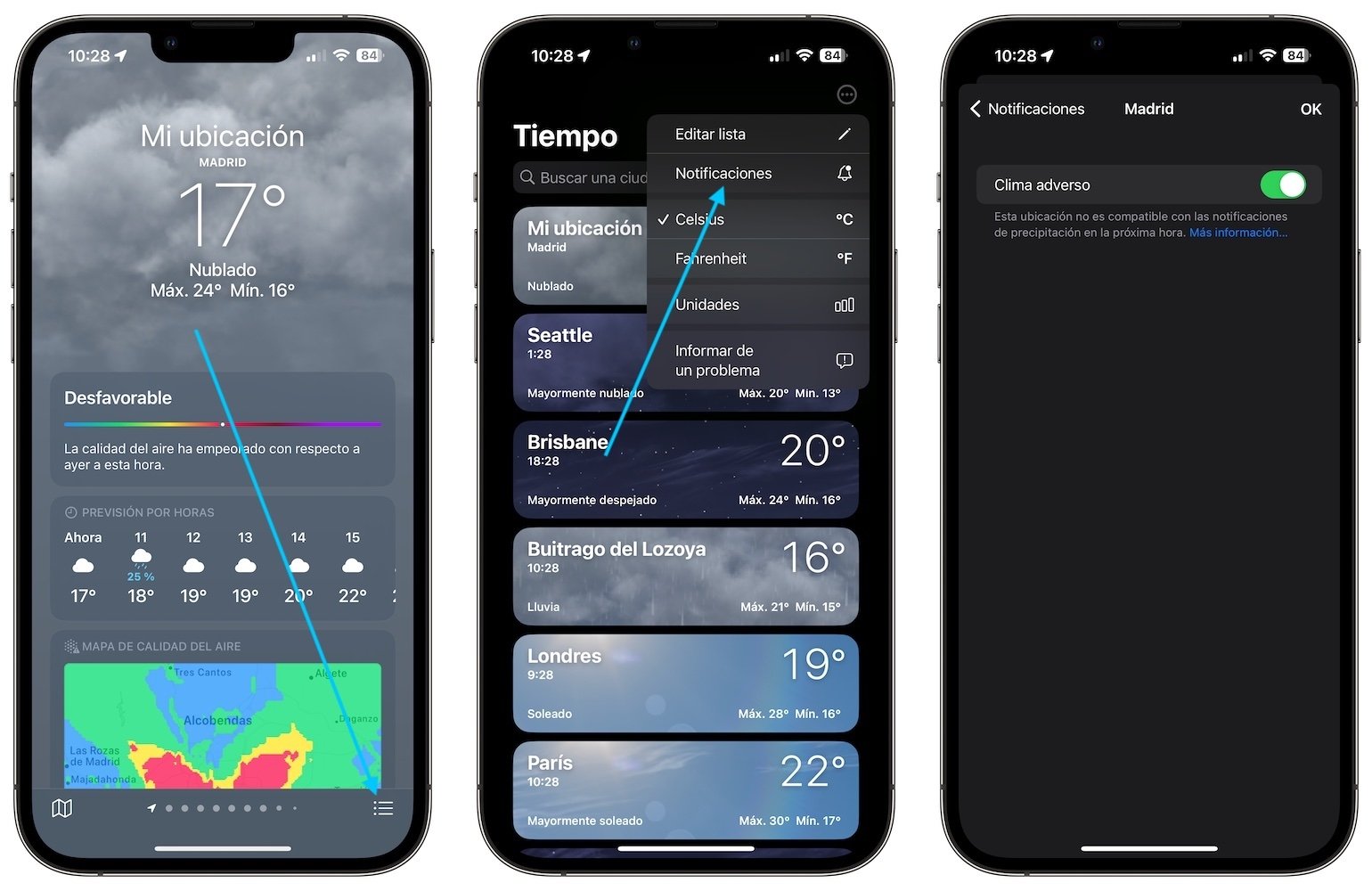 Capturas de pantalla con las notificaciones de la app Tiempo
