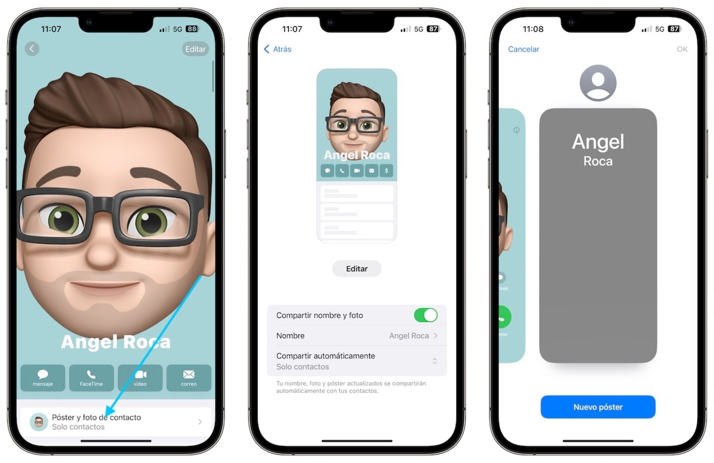 Capturas de pantalla con las opciones para crear un póster de contacto en iOS 17
