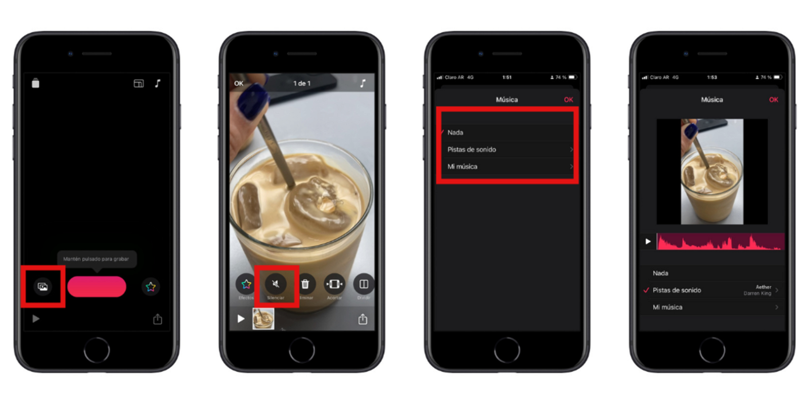 Cuatro pantallas de iPhone con el paso a paso para agregar música a un vídeo en la app Clips