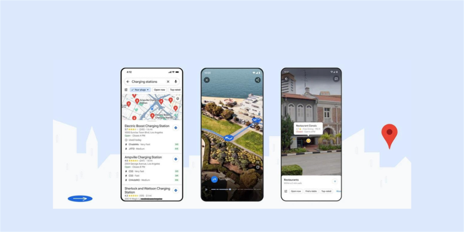 Tres pantallas de teléfonos con la interfaz de nuevas funciones de Google Maps