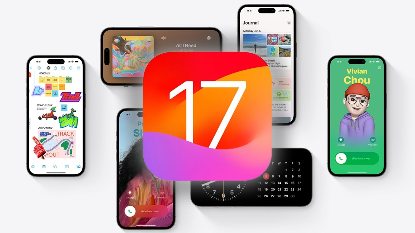 Icono de iOS 17 con varios iPhone de fondo