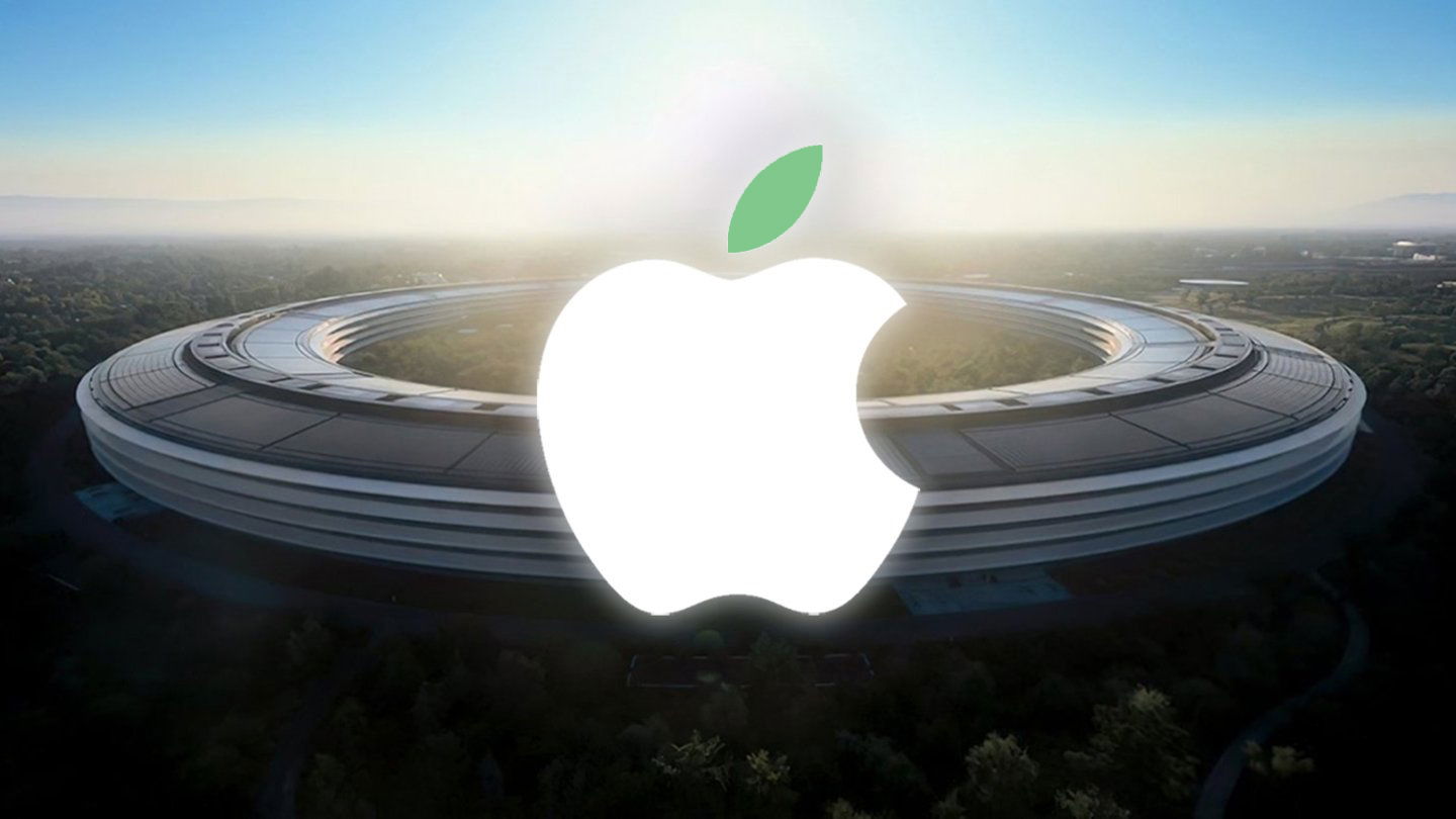 Logo de Apple con la hoja verde y el Apple Park de fondo