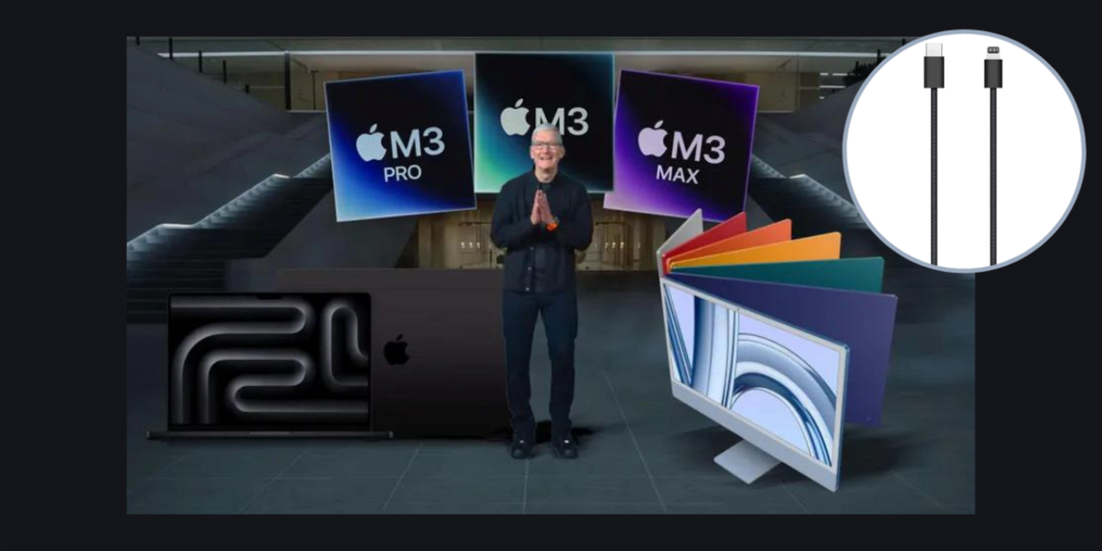 Tim Cook delante de una imagen con los Mac, iMac y chips M3
