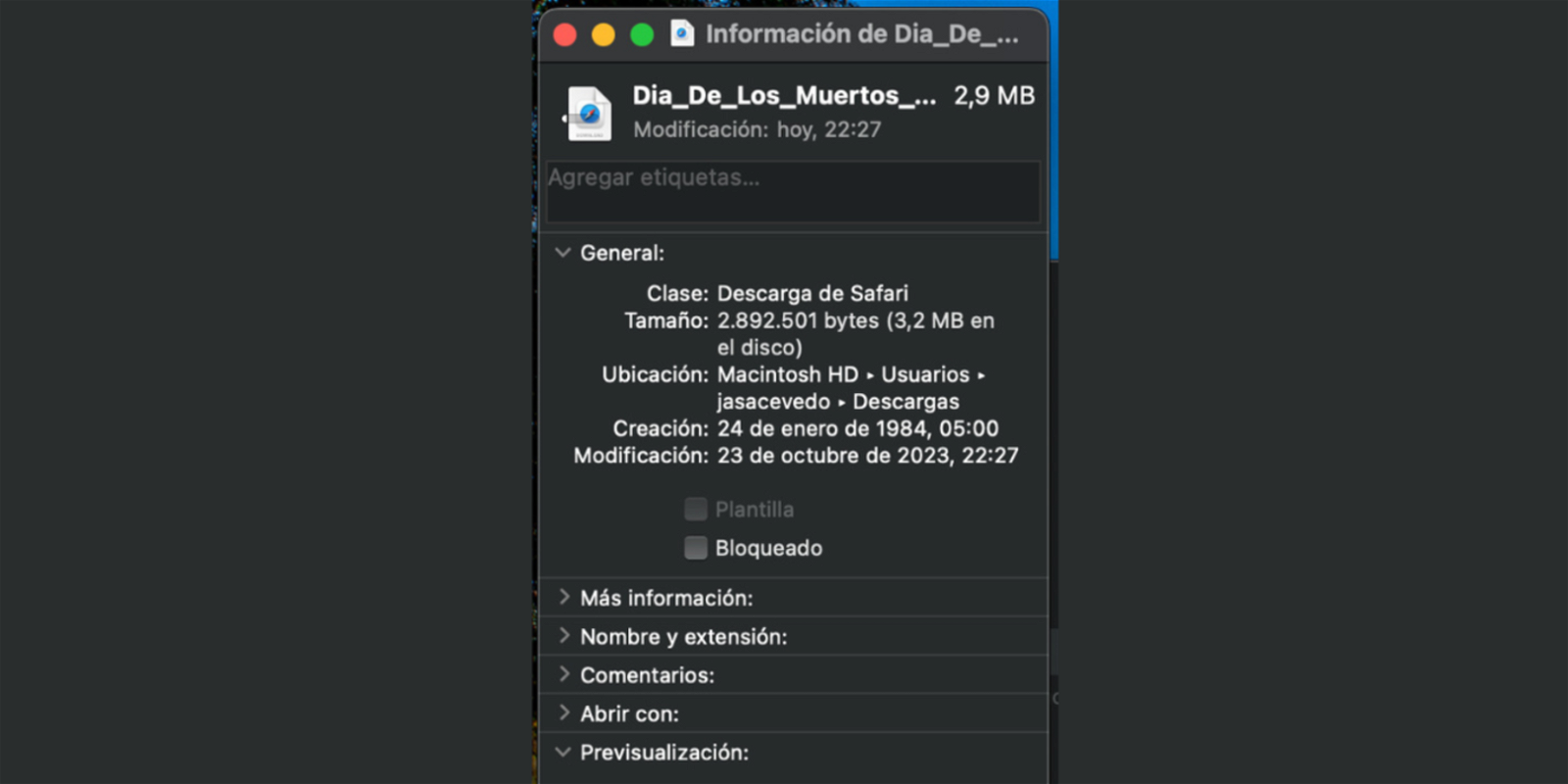 Interfaz interrupción de descarga de archivo en macOS