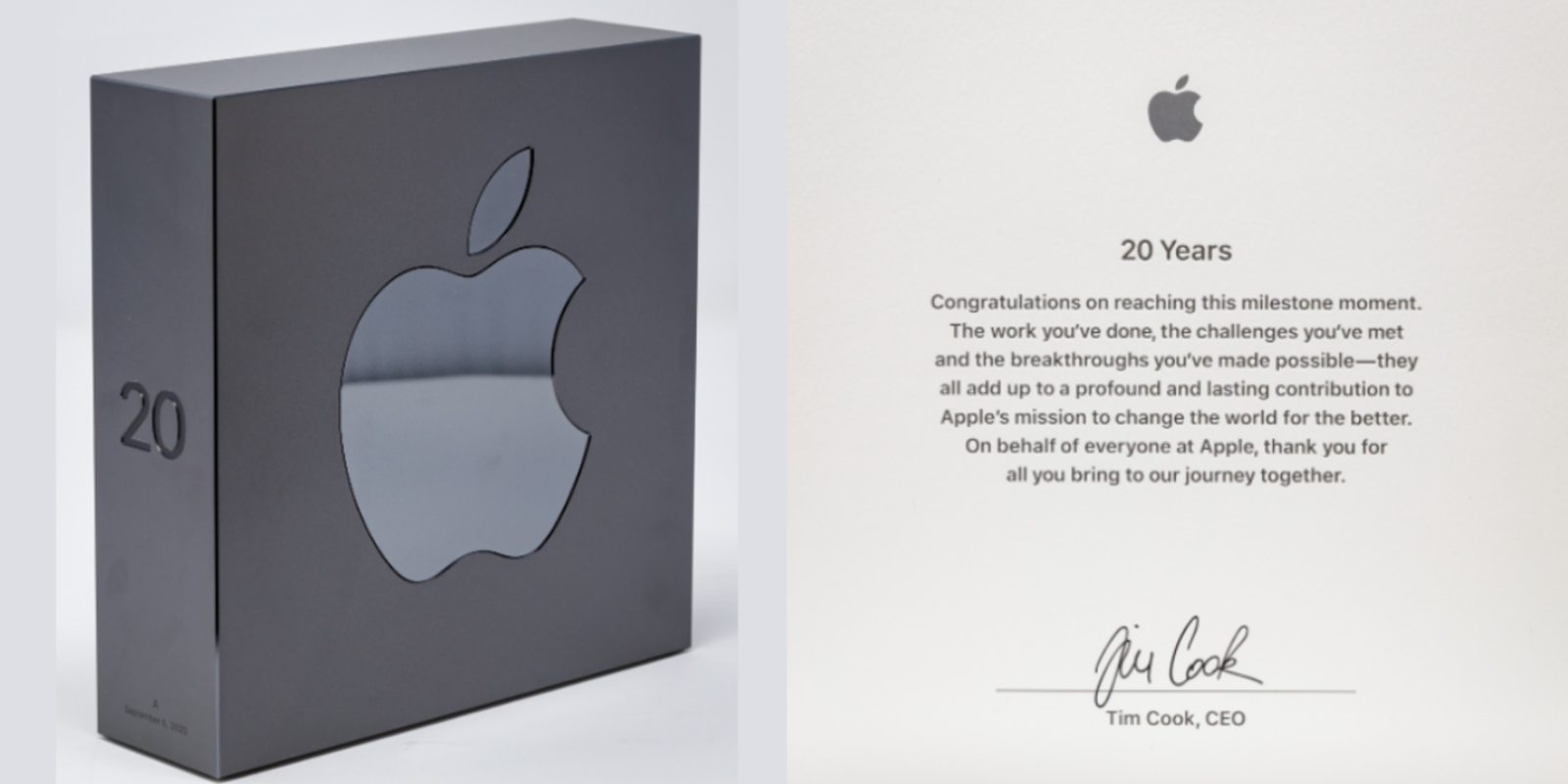 Premio en aluminio y nota de tim cook para los empleados de Apple