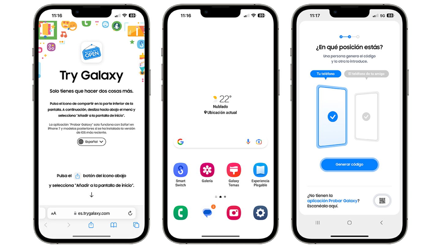 Captura de pantalla del iPhone y la app Try Galaxy