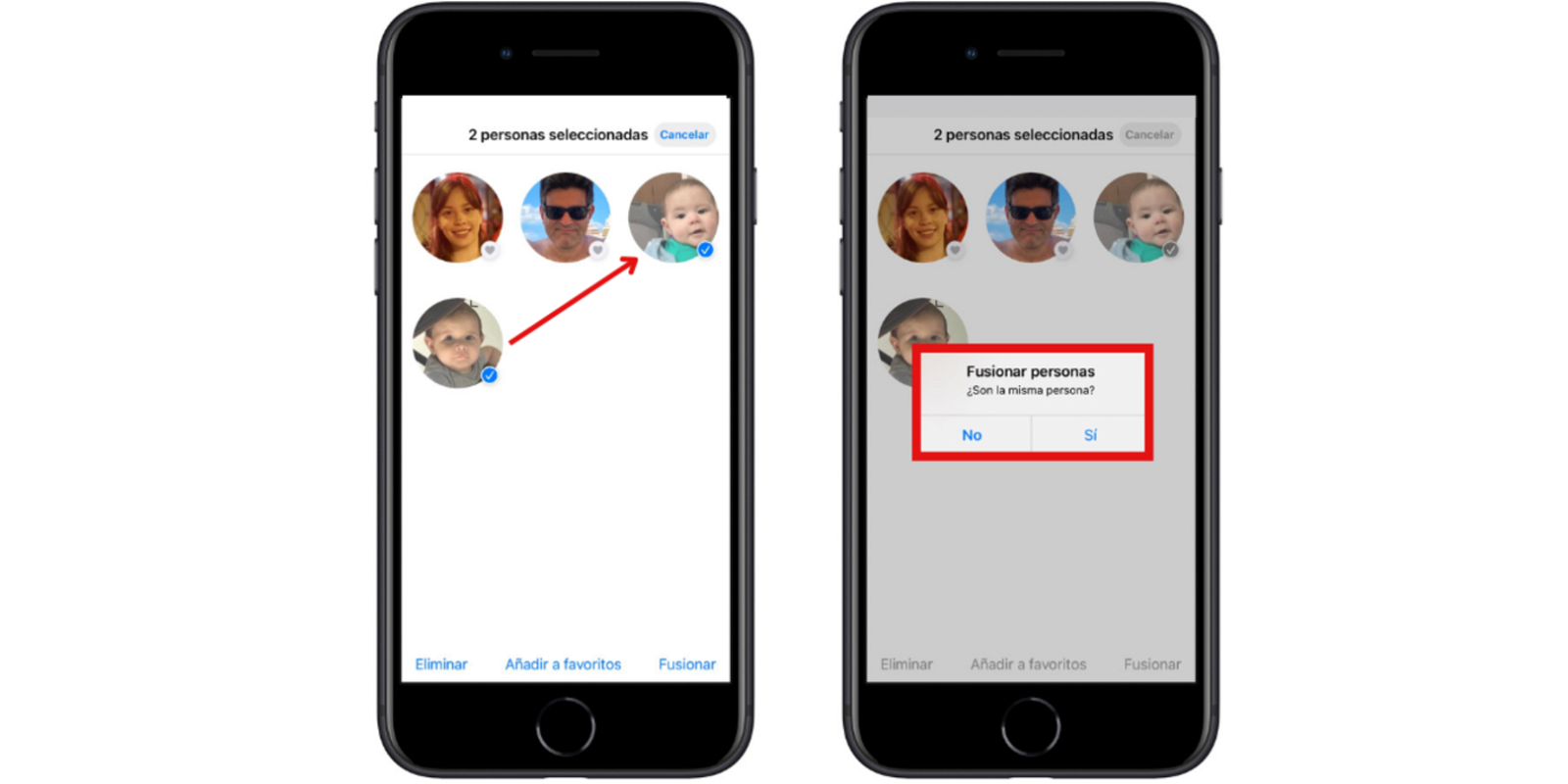 Capturas de pantalla con Pasos para fusionar fotos de una misma persona en la app Fotos del iPhone