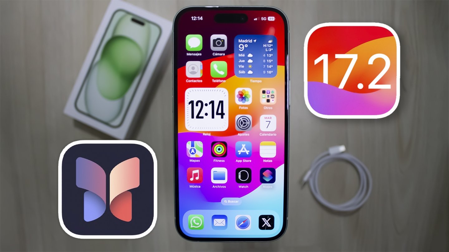 iPhone con icono de iOS 17.2 y de la app Diario