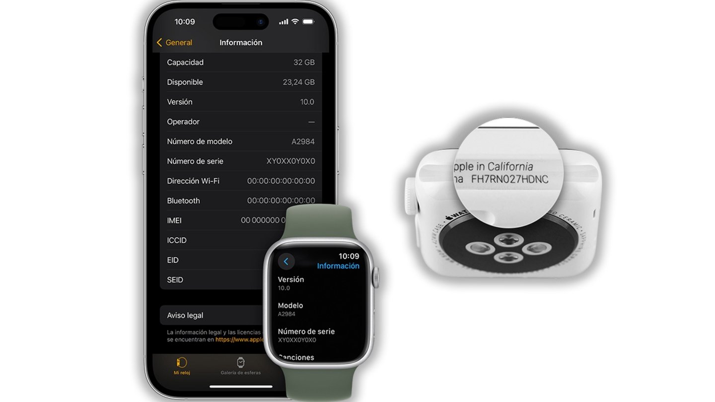 iPhone y Apple Watch mostrando los numero de serie