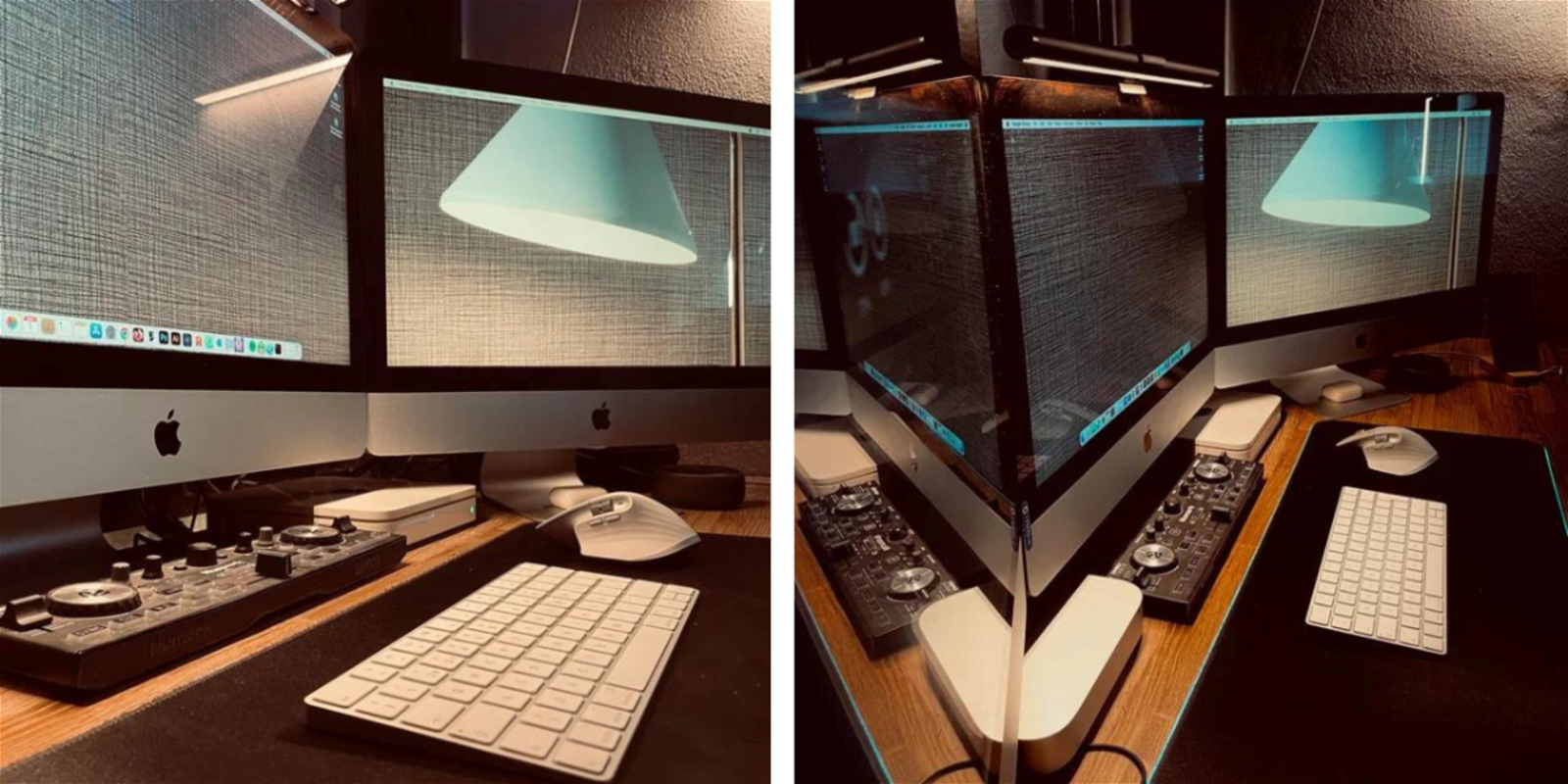 Dos imágenes con distintos ángulos de tres pantallas de iMacs conectadas