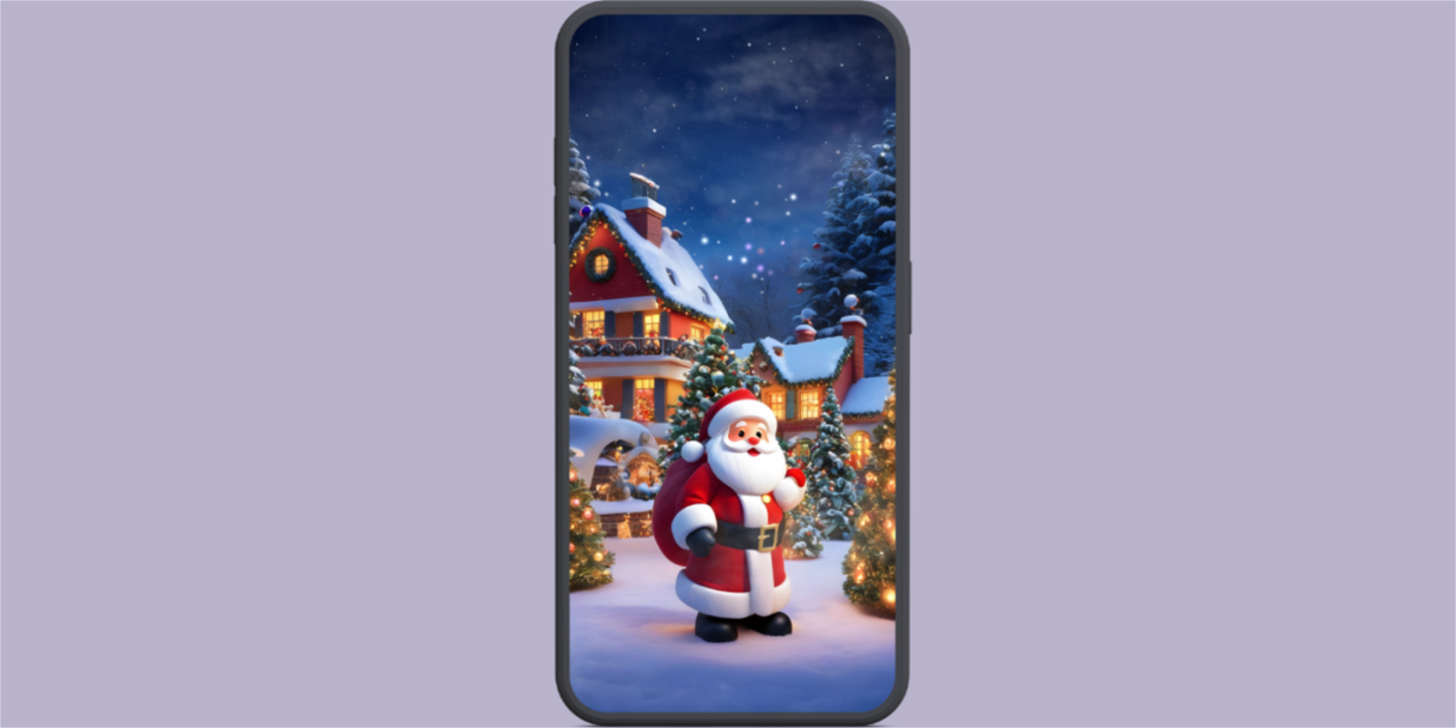 Pantalla de móvil con un fondo de pantalla de Papá Noel y una casa decorada con luces