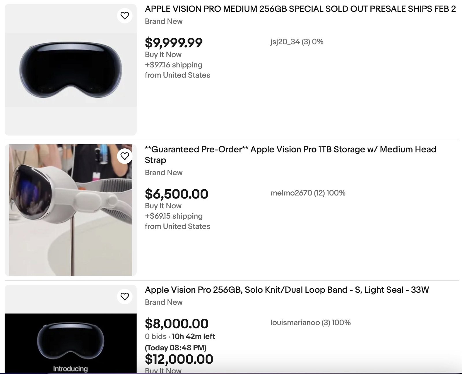 Algunos anuncios de las Apple Vision Pro en reventa por eBay