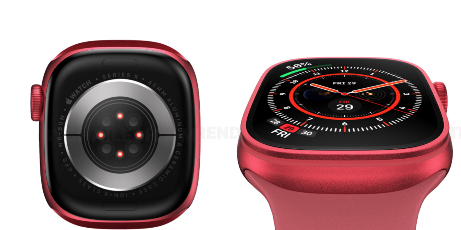 Pantalla de un concepto de Apple Watch rojo y otro visto desde la parte interna 